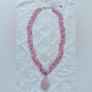 Brand New Rose Pink Quartz Pendant with Fine Pink Crystal Beads Necklace
